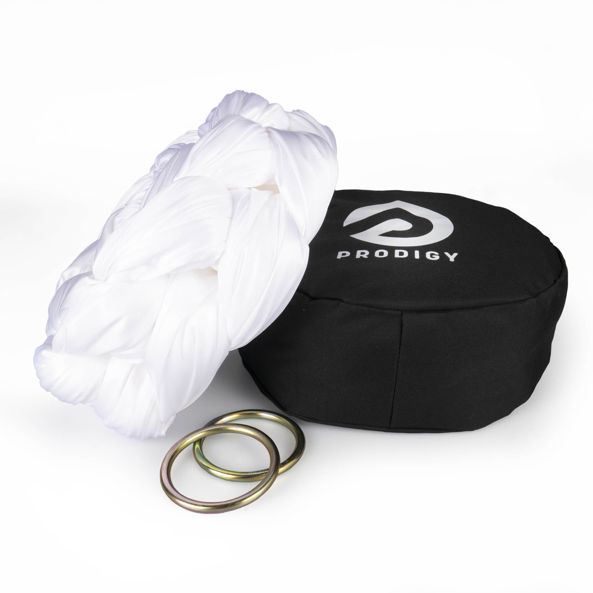 Prodigy 6m white aerial yoga hammock resting on hammock bag with the rings