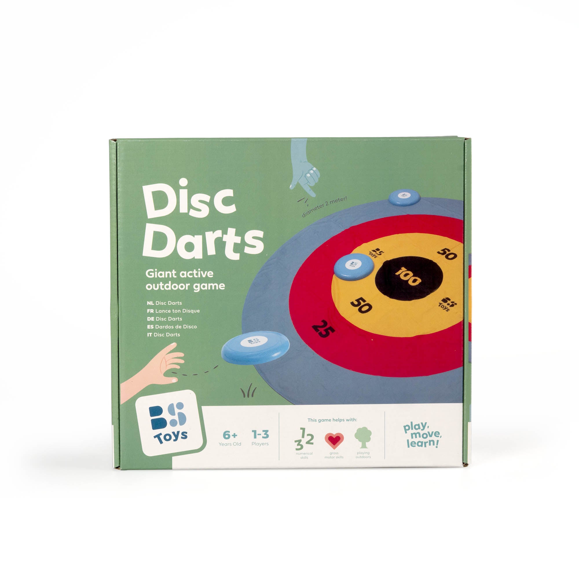Box of Disc Darts game with target design on a white background