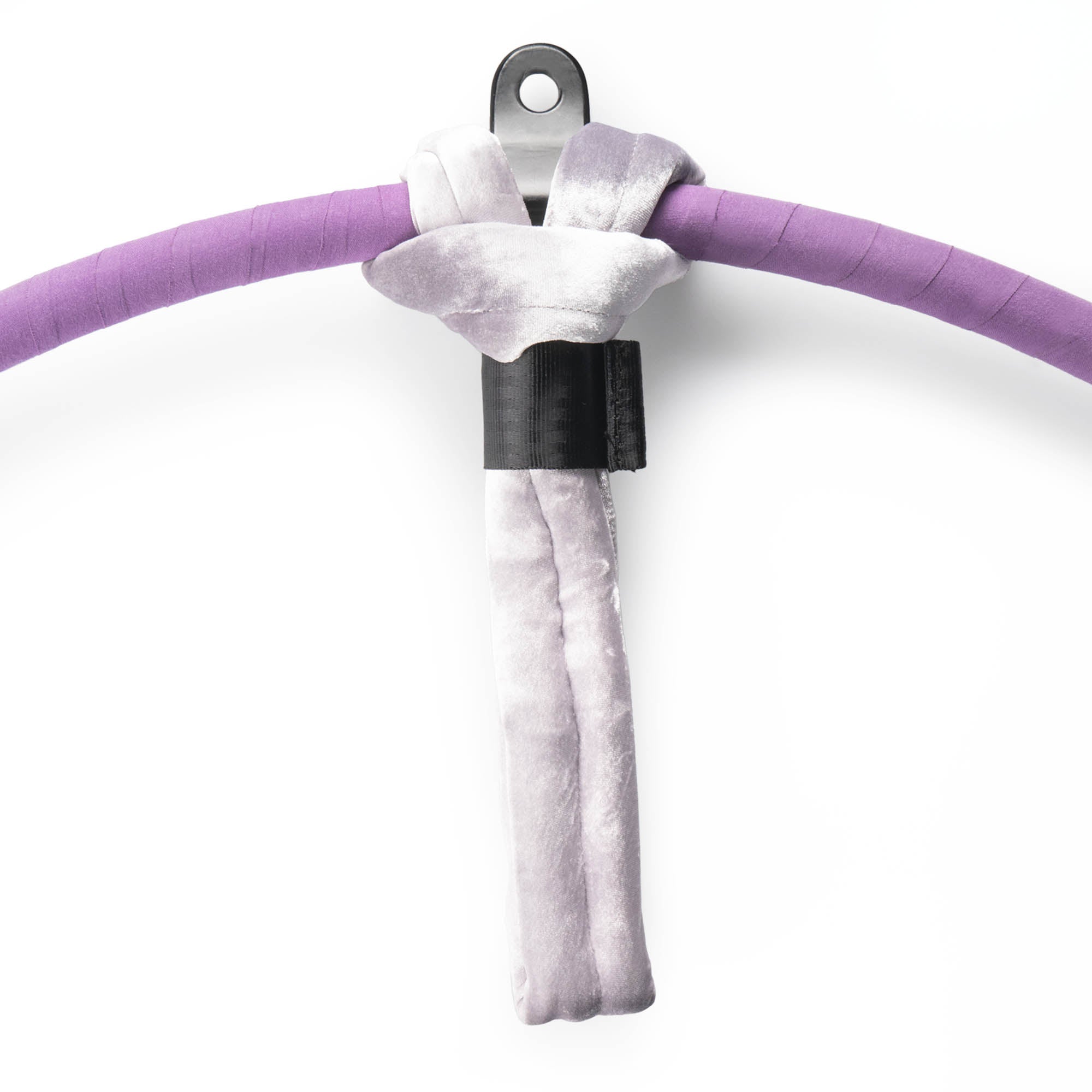 Silver velvet hand loop attached to one point aerial hoop