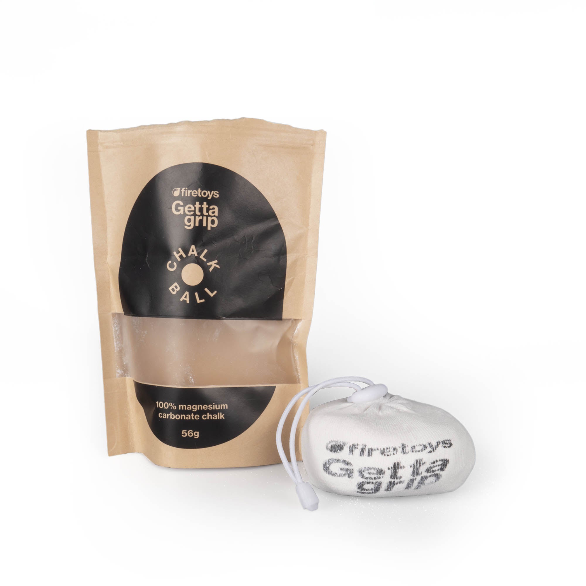 Firetoys Getta Grip Chalk ball straight on with a white background chalk ball out of the bag