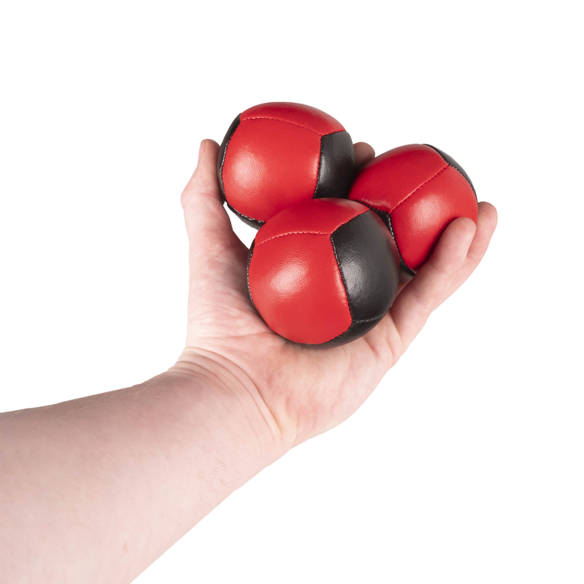 Firetoys three red/black 110g thud juggling balls in hand