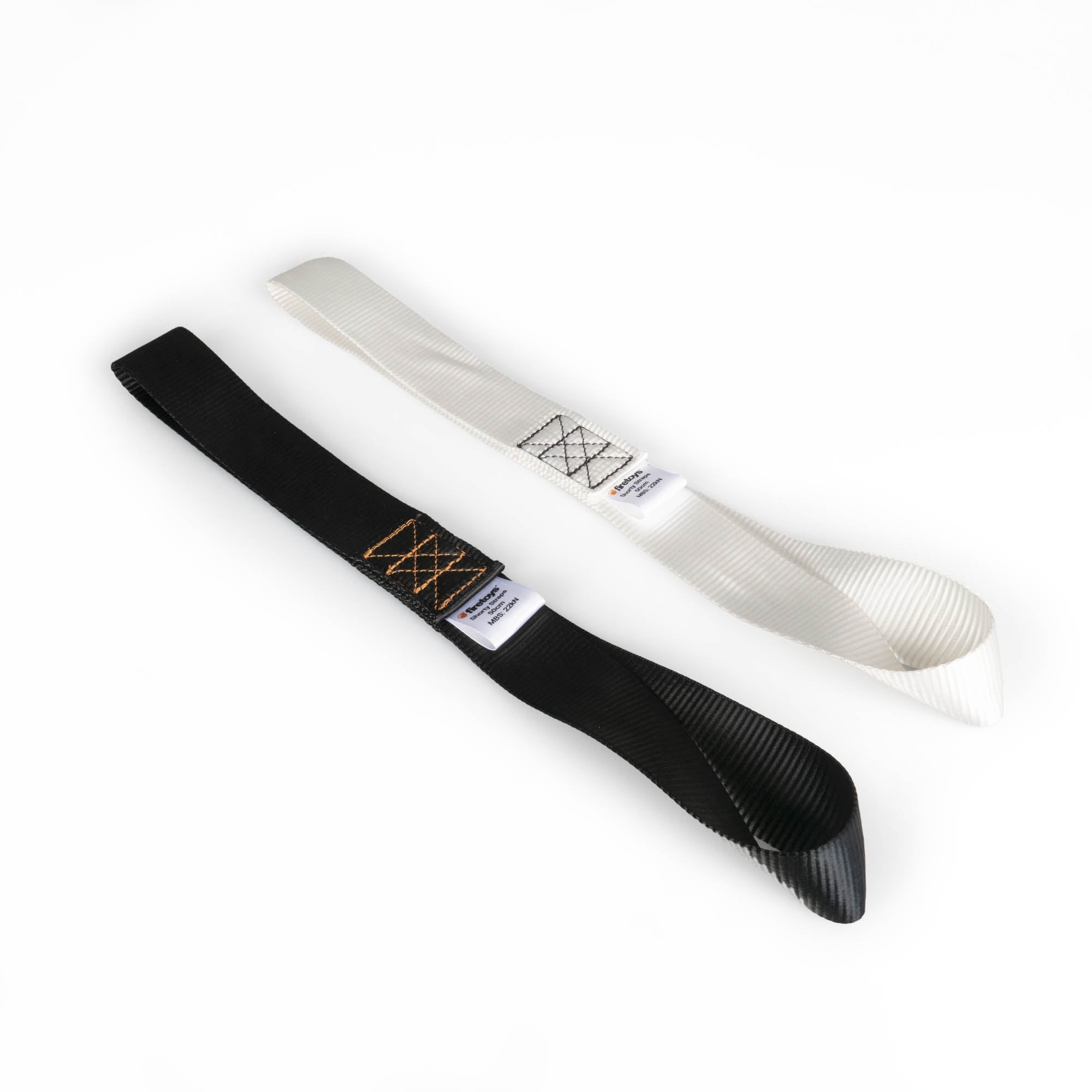 angle shot of a black shorty strap and a white shorty strap on a white background