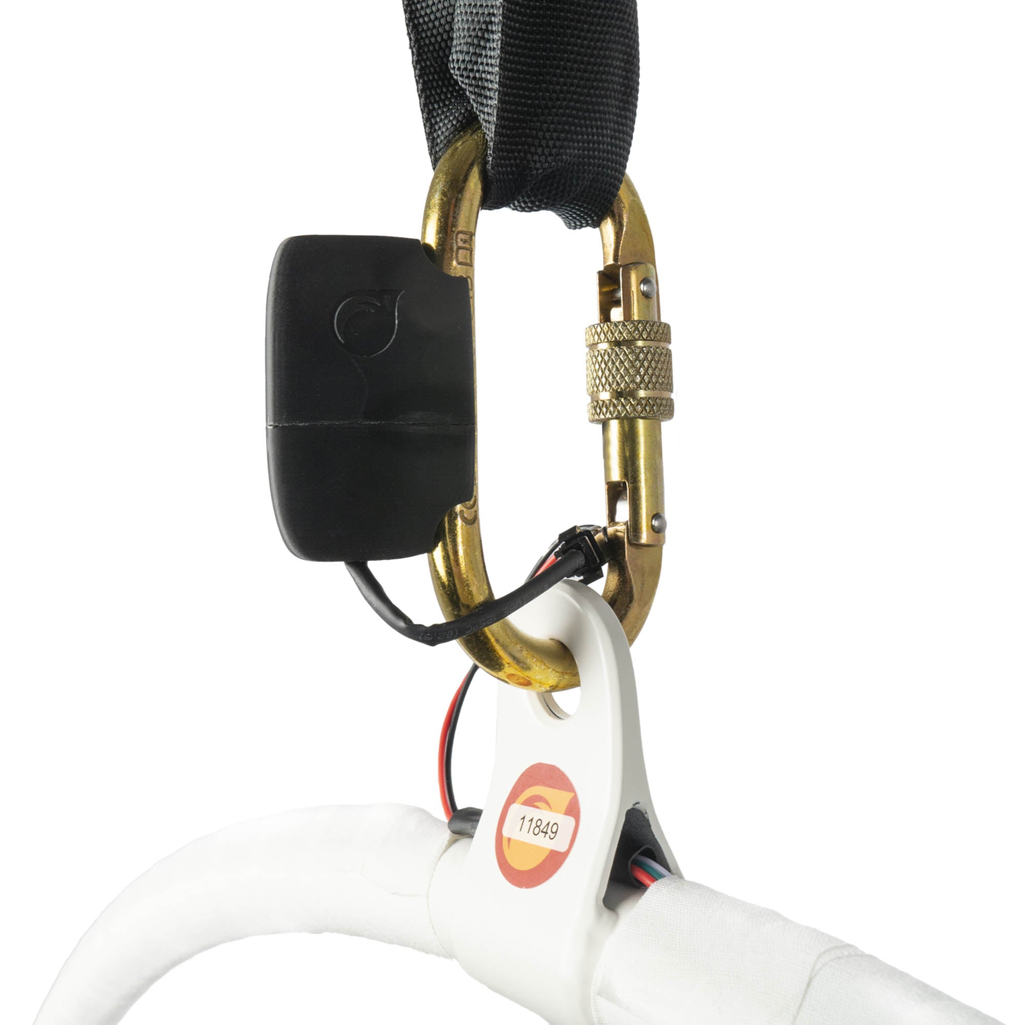 Firetoys x Echo aerial hoop close up of battery and carabiner showing firetoys branding