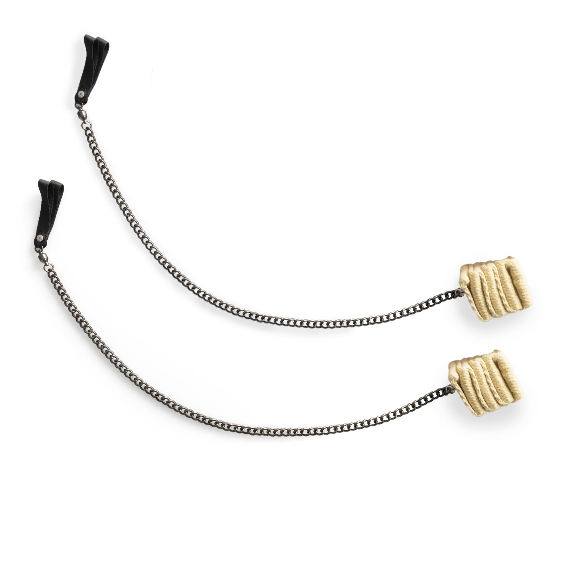 Trailblazer cathedral fire poi laying on white background with curve in the chain full product shot