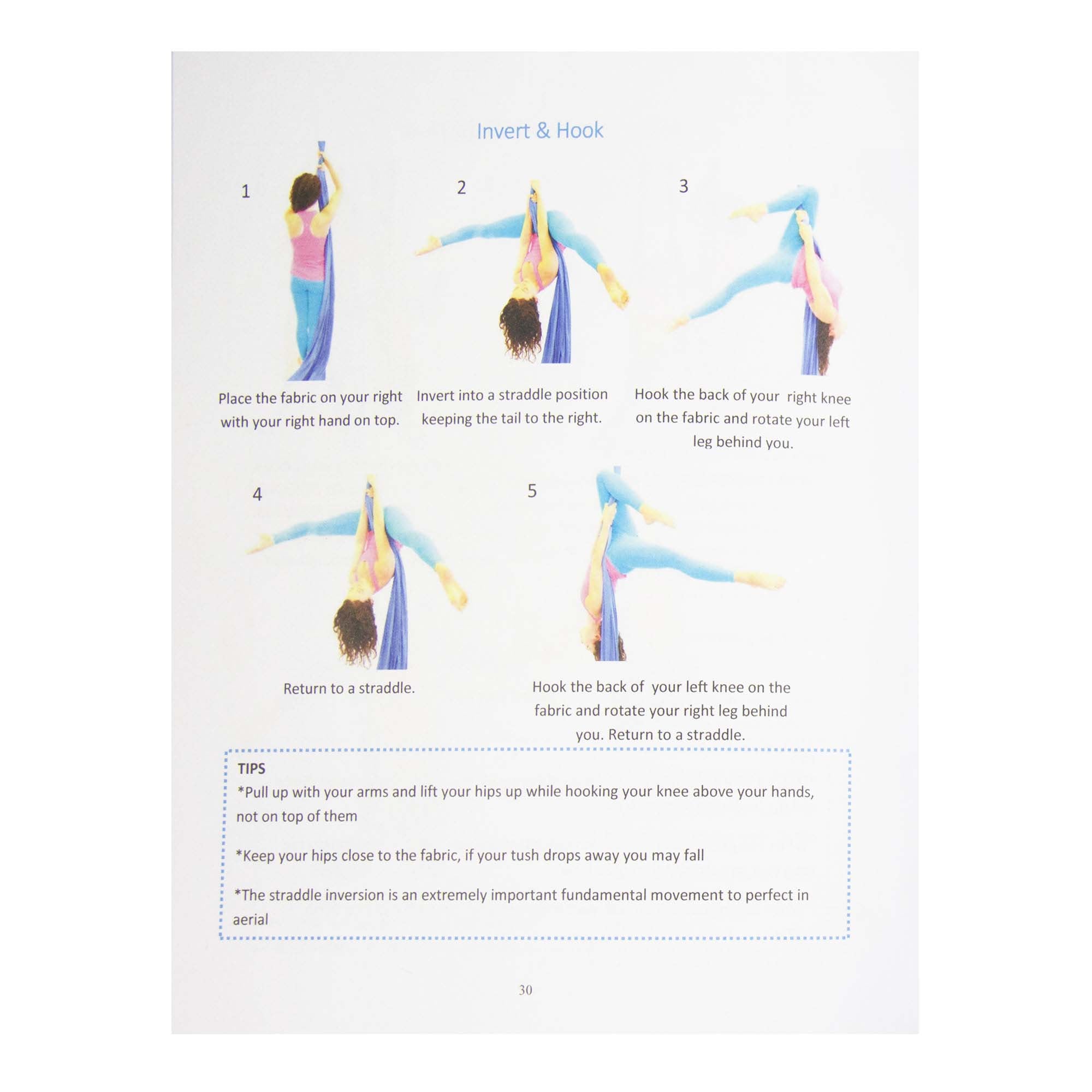 Beginner's Guide to Aerial Silk example page showing invert and hook with illustrations, text, and tips