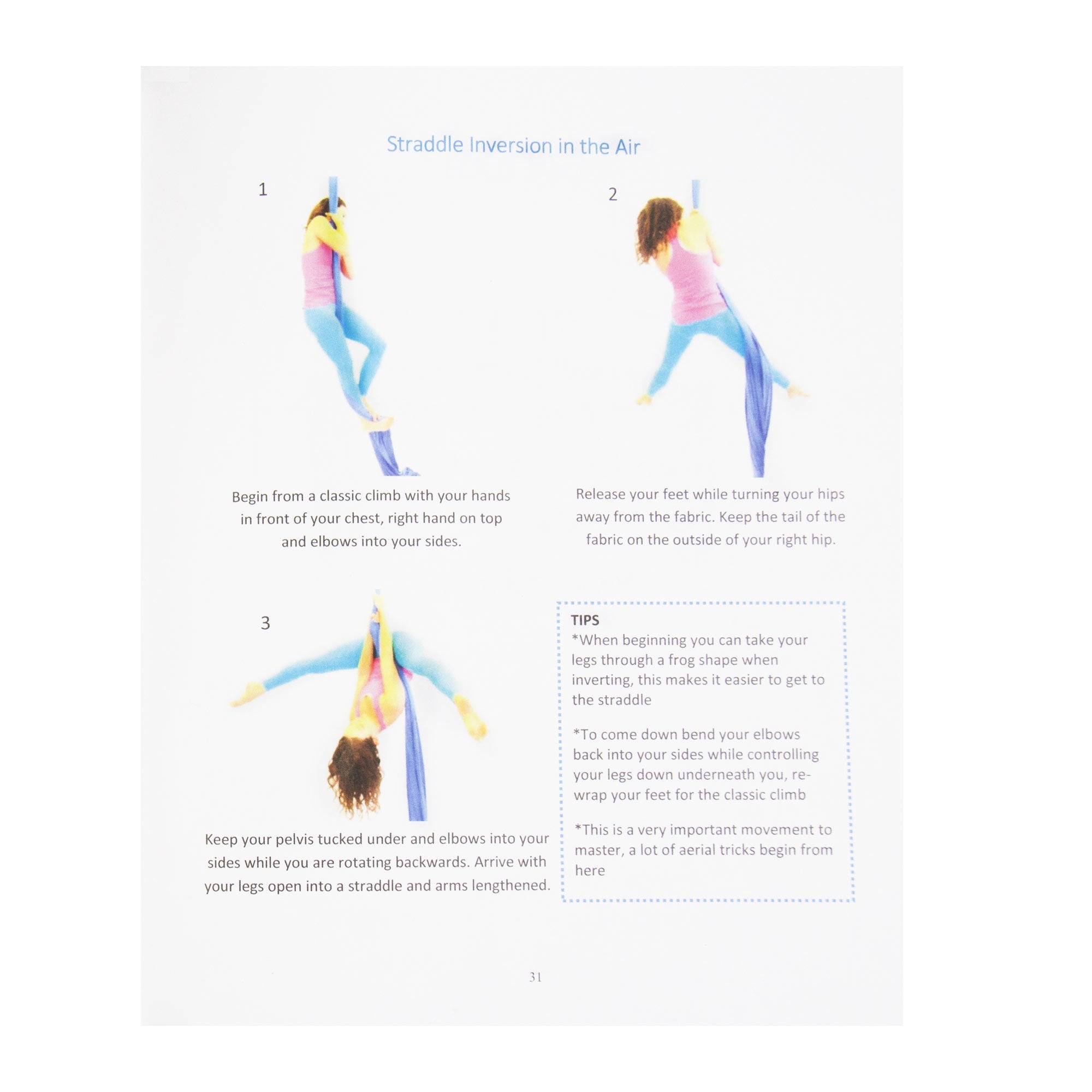 Beginner's Guide to Aerial Silk example page showing straddle inversion with illustrations, text, and tips