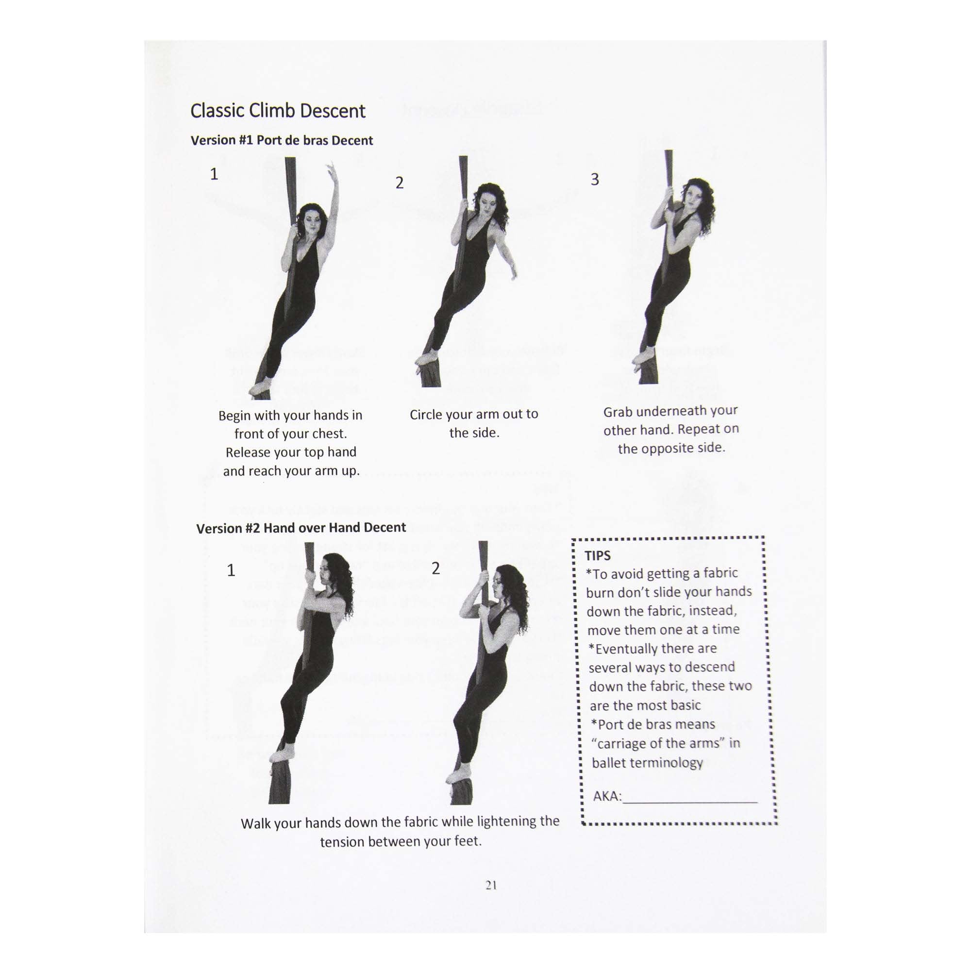 Intermediate Guide to Aerial Silk example page showing a classic climb descent with black and white photos, text, and tips.