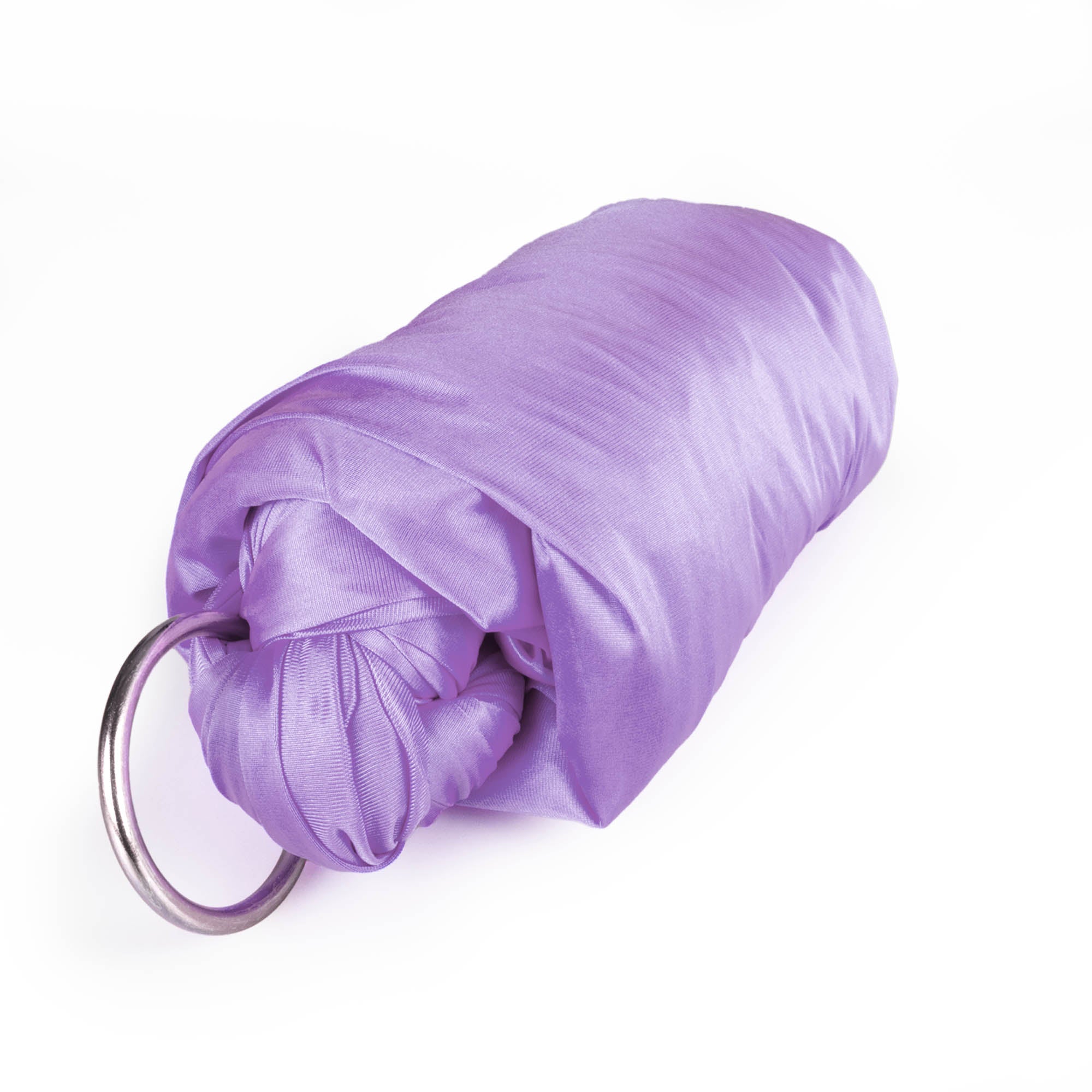 Lavender yoga hammock rolled up with ring attached
