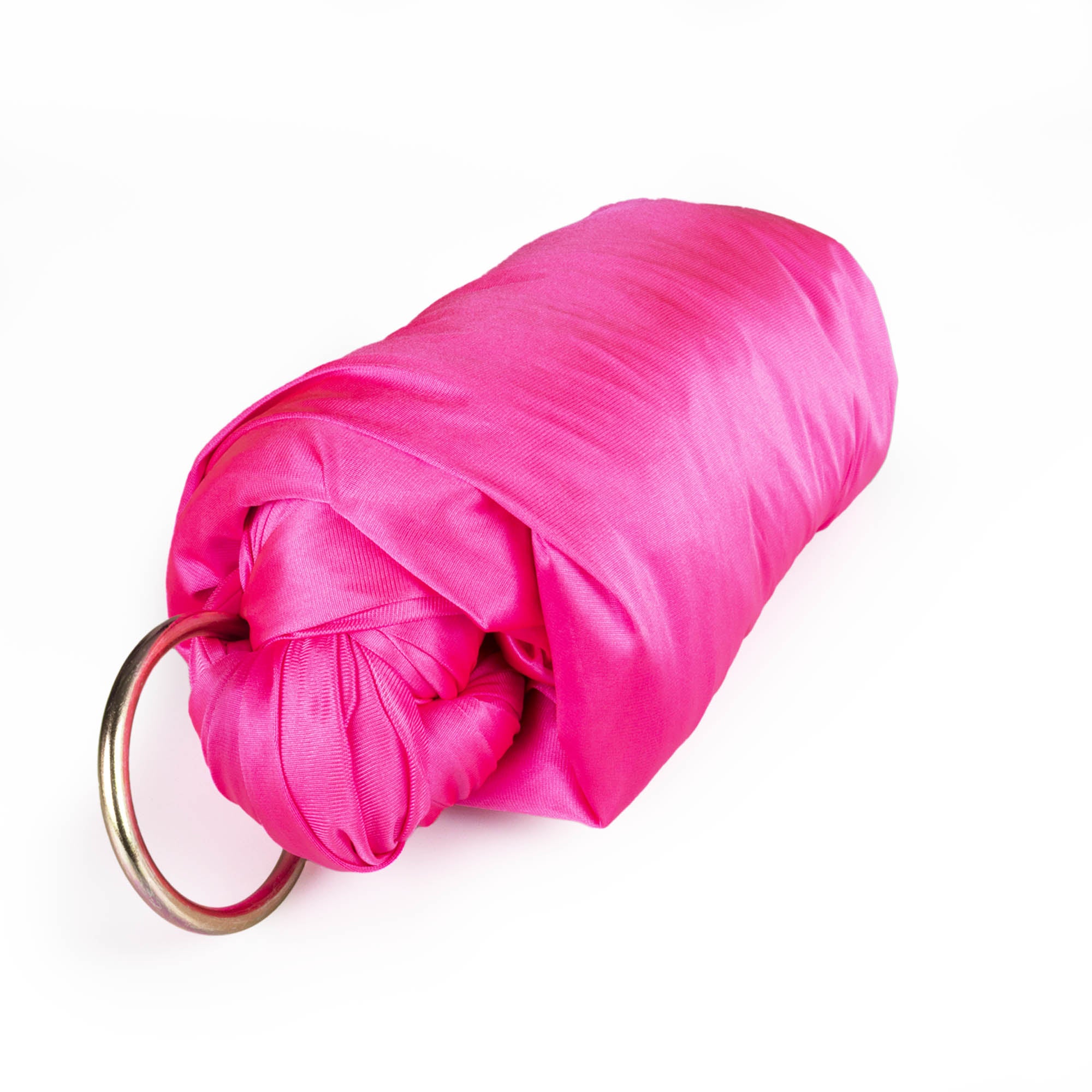 Pink yoga hammock rolled up with ring attached