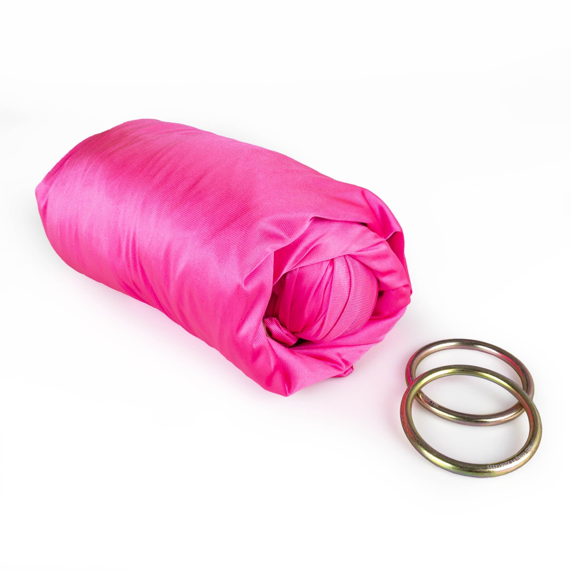 Pink yoga hammock rolled up with ring dettached