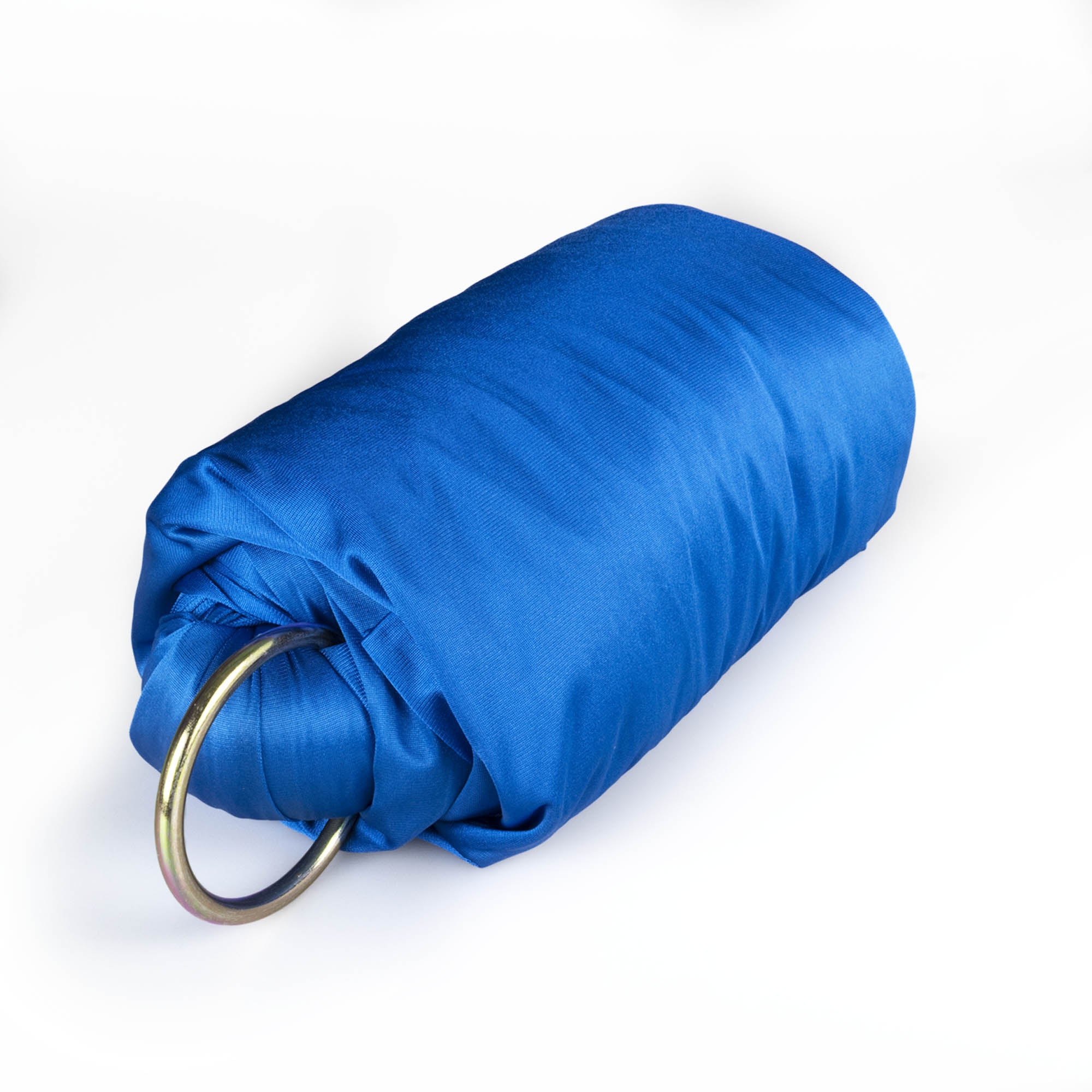 Royal blue yoga hammock rolled up with ring attached