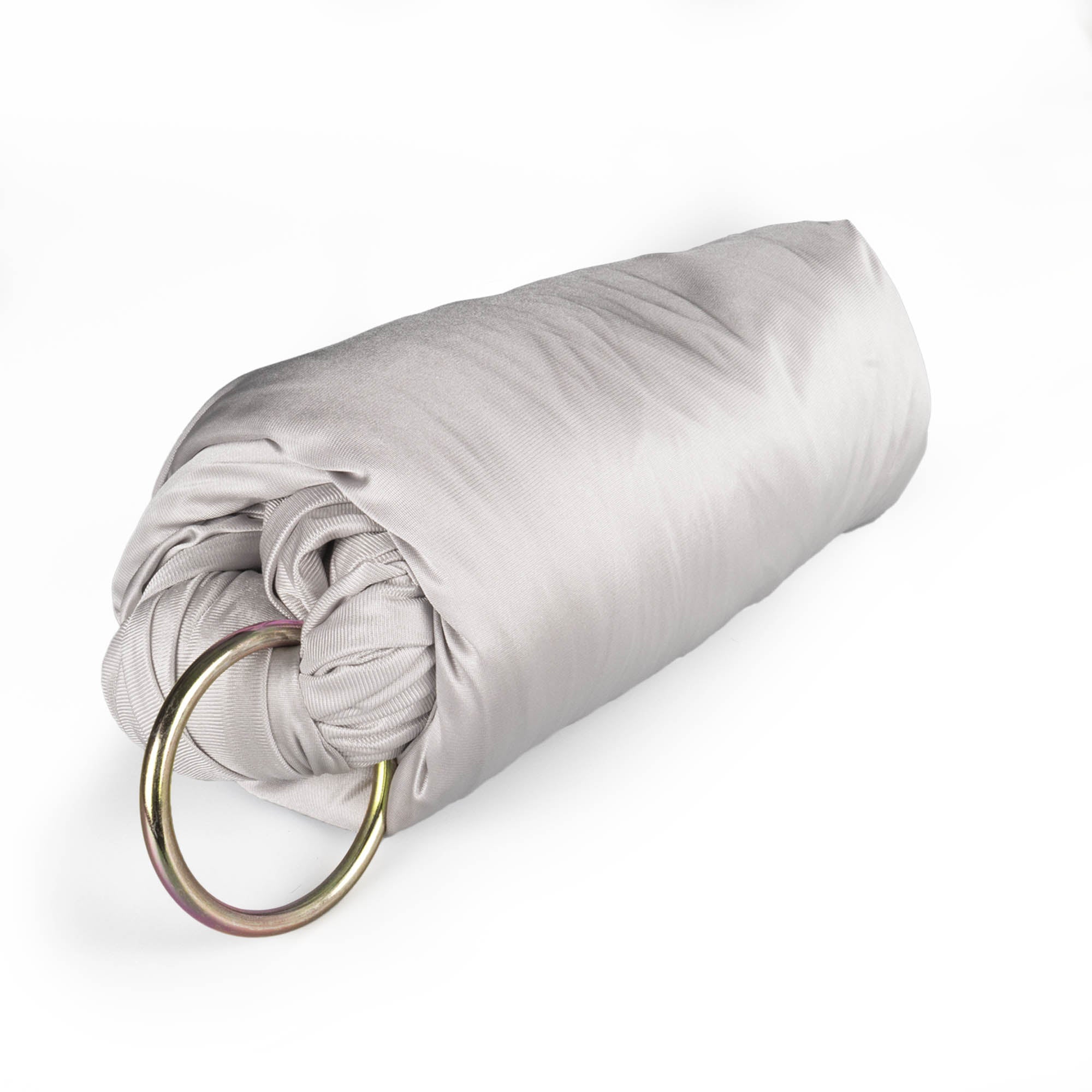 Silver yoga hammock rolled up with ring attached