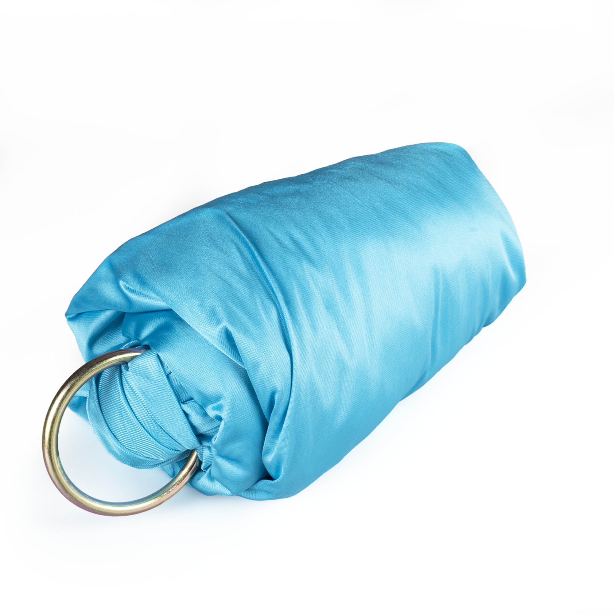 Turquoise yoga hammock rolled up with ring attached