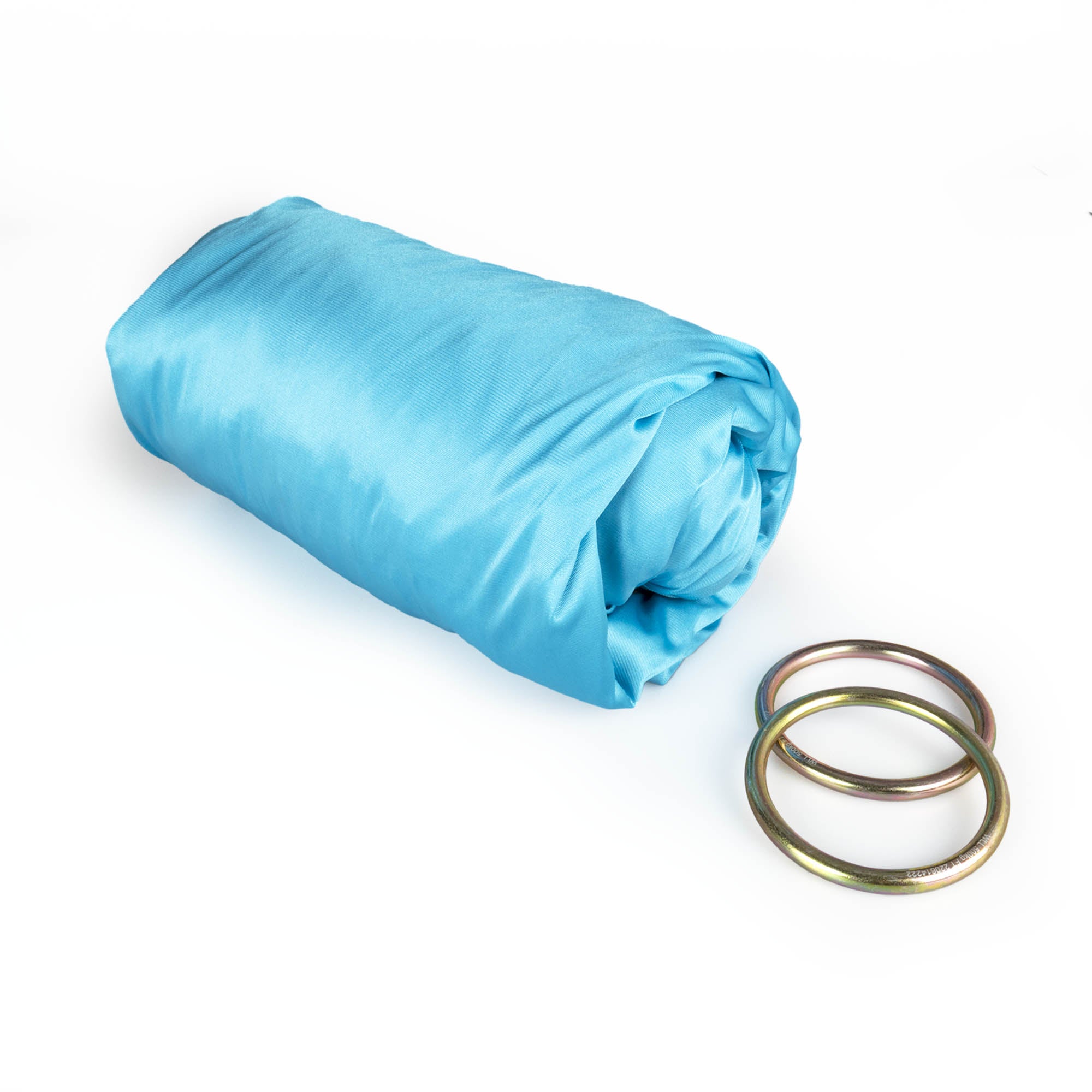 Turquoise yoga hammock rolled up with ring dettached