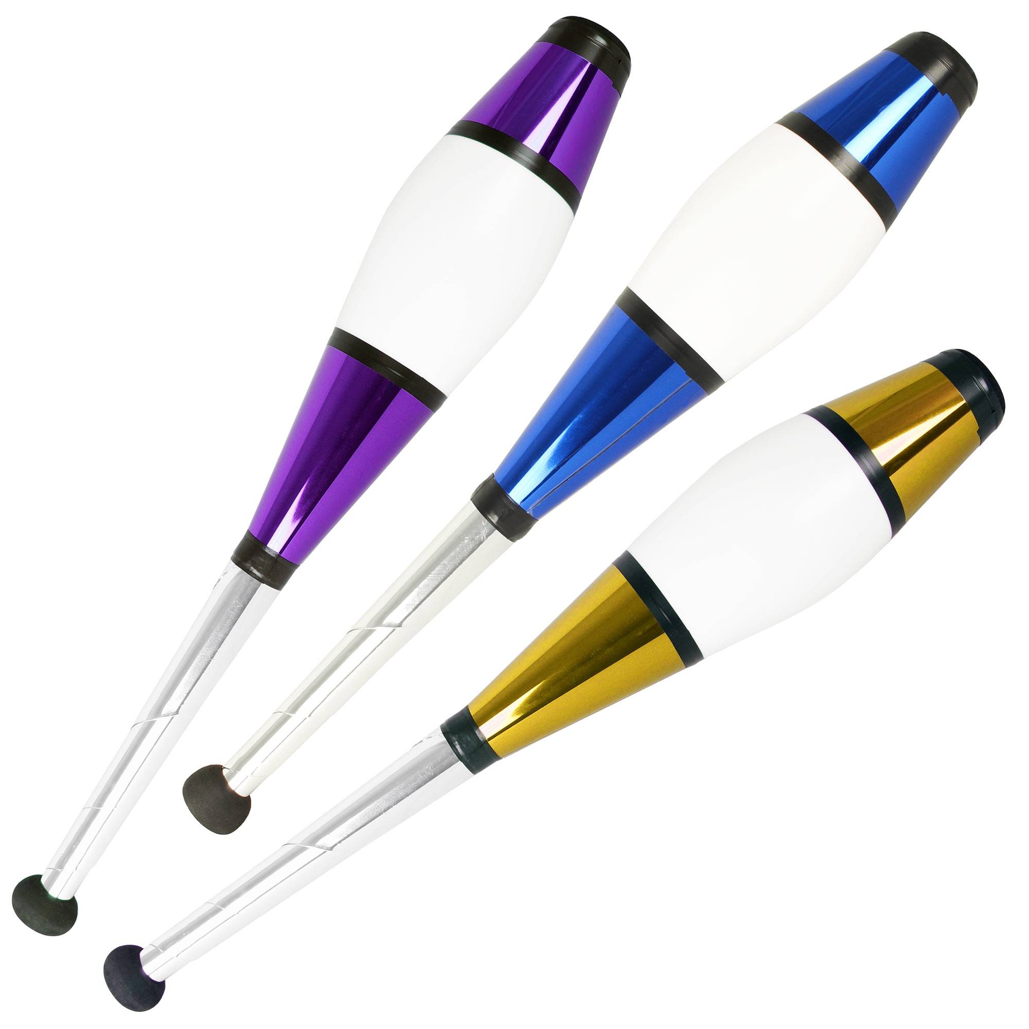 Purple, blue and gold euro juggling clubs