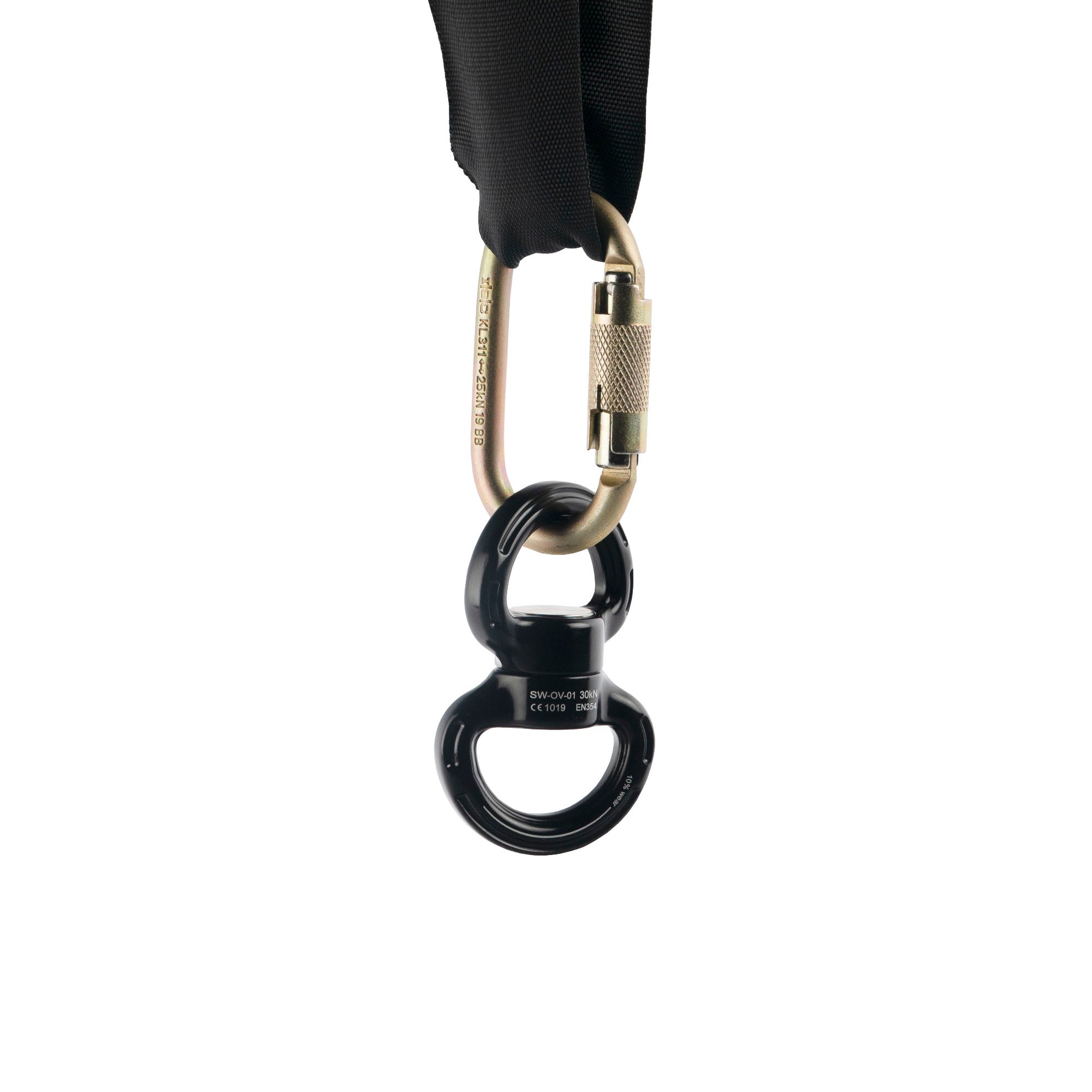 Large prodigy swivel connected to a carabiner