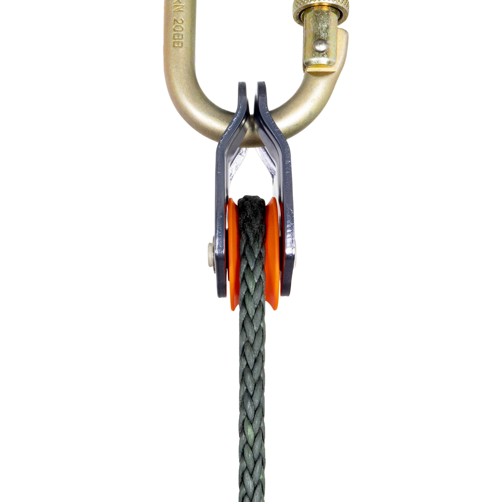 Petzl pulley oscillante attached to a carabiner