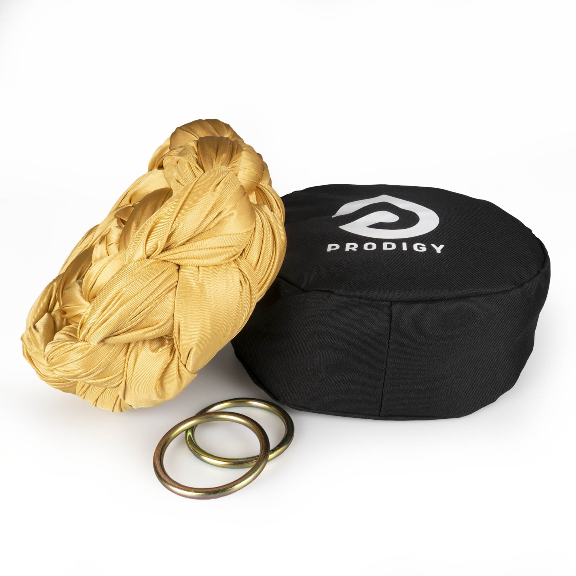 Prodigy aerial sling and O rings and bag - gold sling resting on hammock bag
