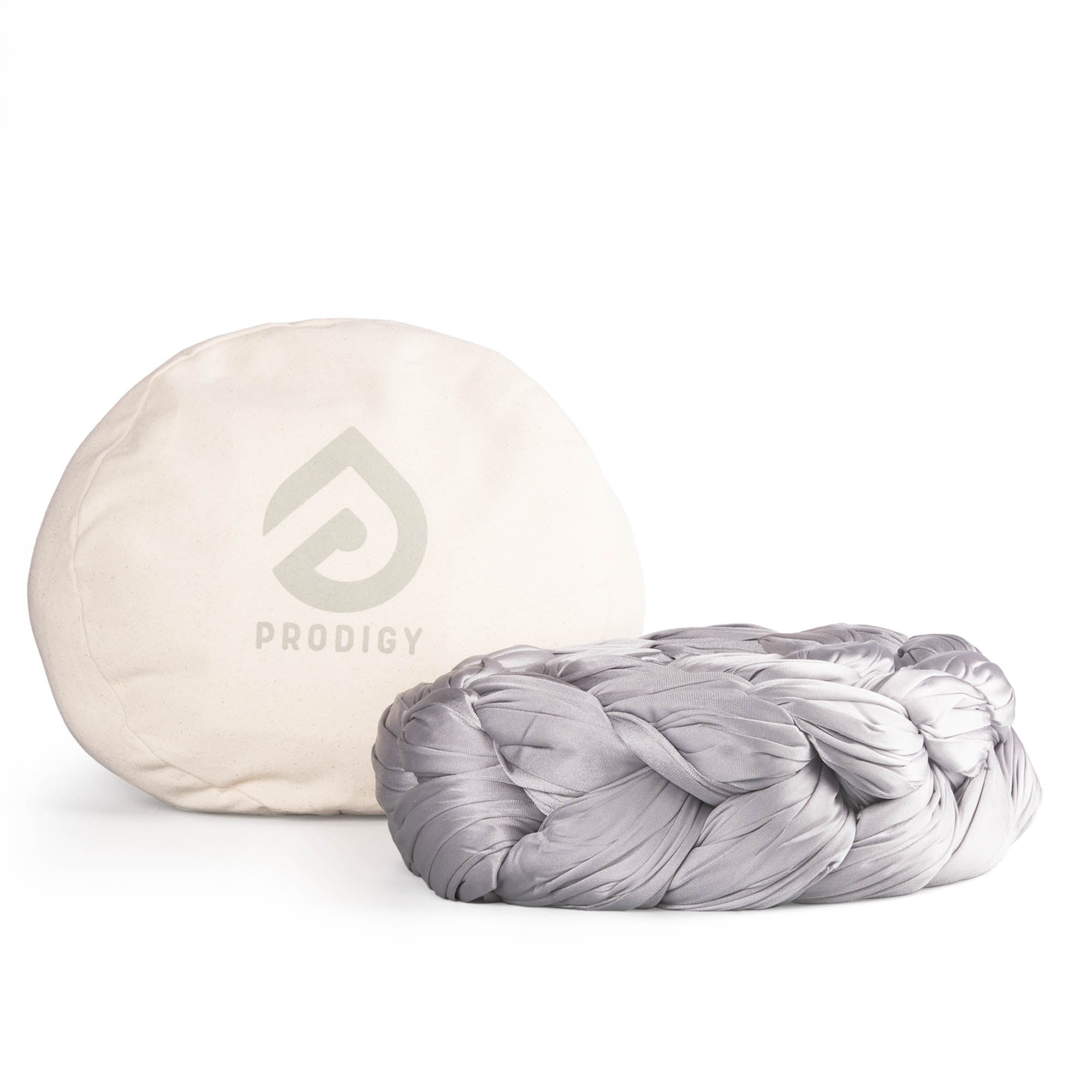 Silver aerial silk in front of eco bag