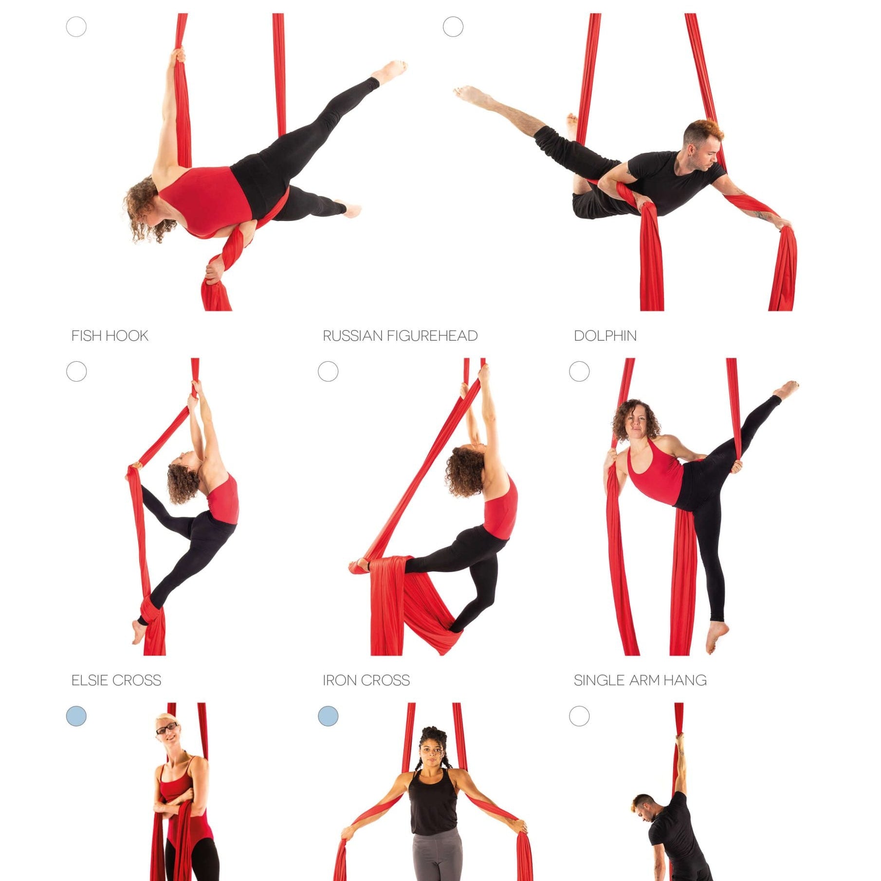 Silks Bible page using photos to demonstrate a variety of moves like crocodile, fish hook, iron cross, and single arm hang
