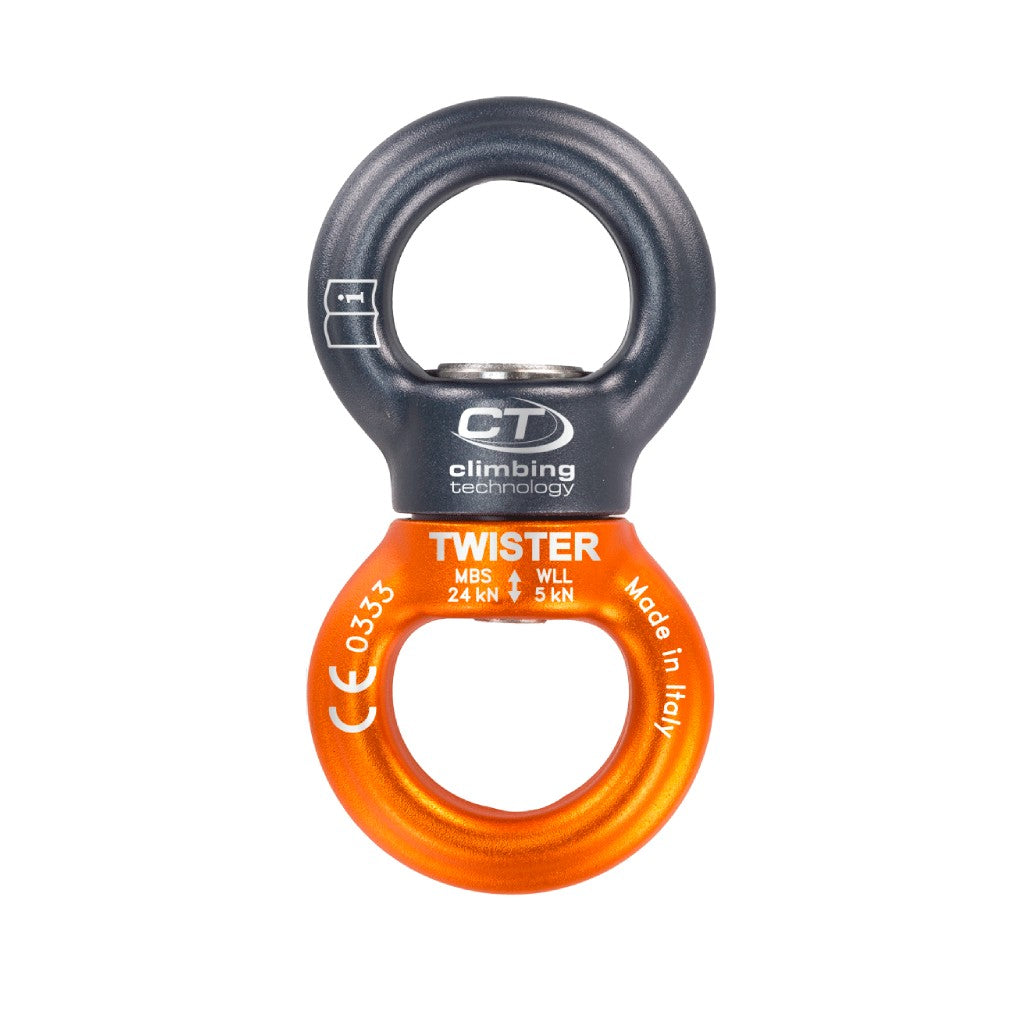 Climbing Technology Twister carabiner with orange and black design on a white background