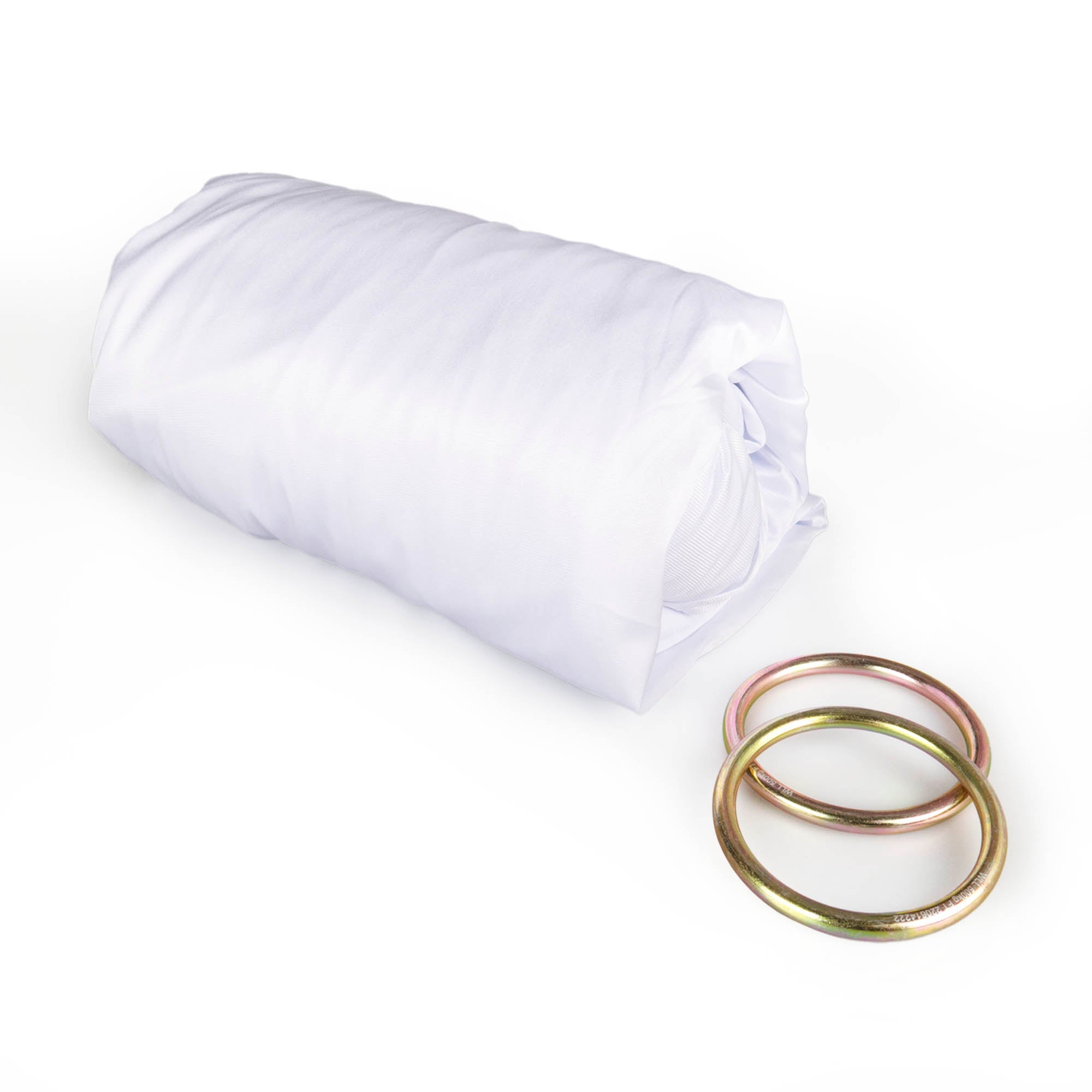 White yoga hammock rolled up with rings detached
