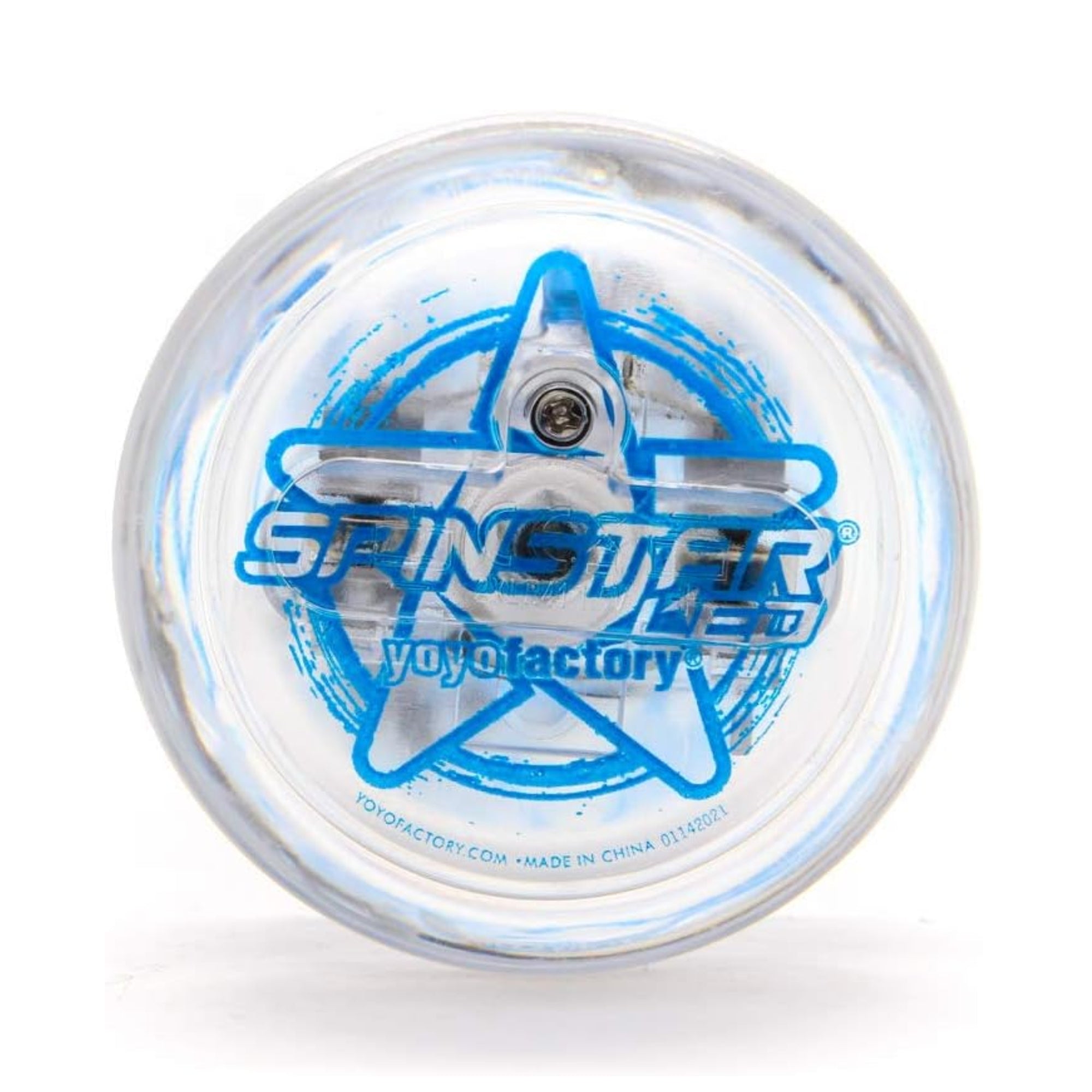 yoyo with clear body and blue writing on the side