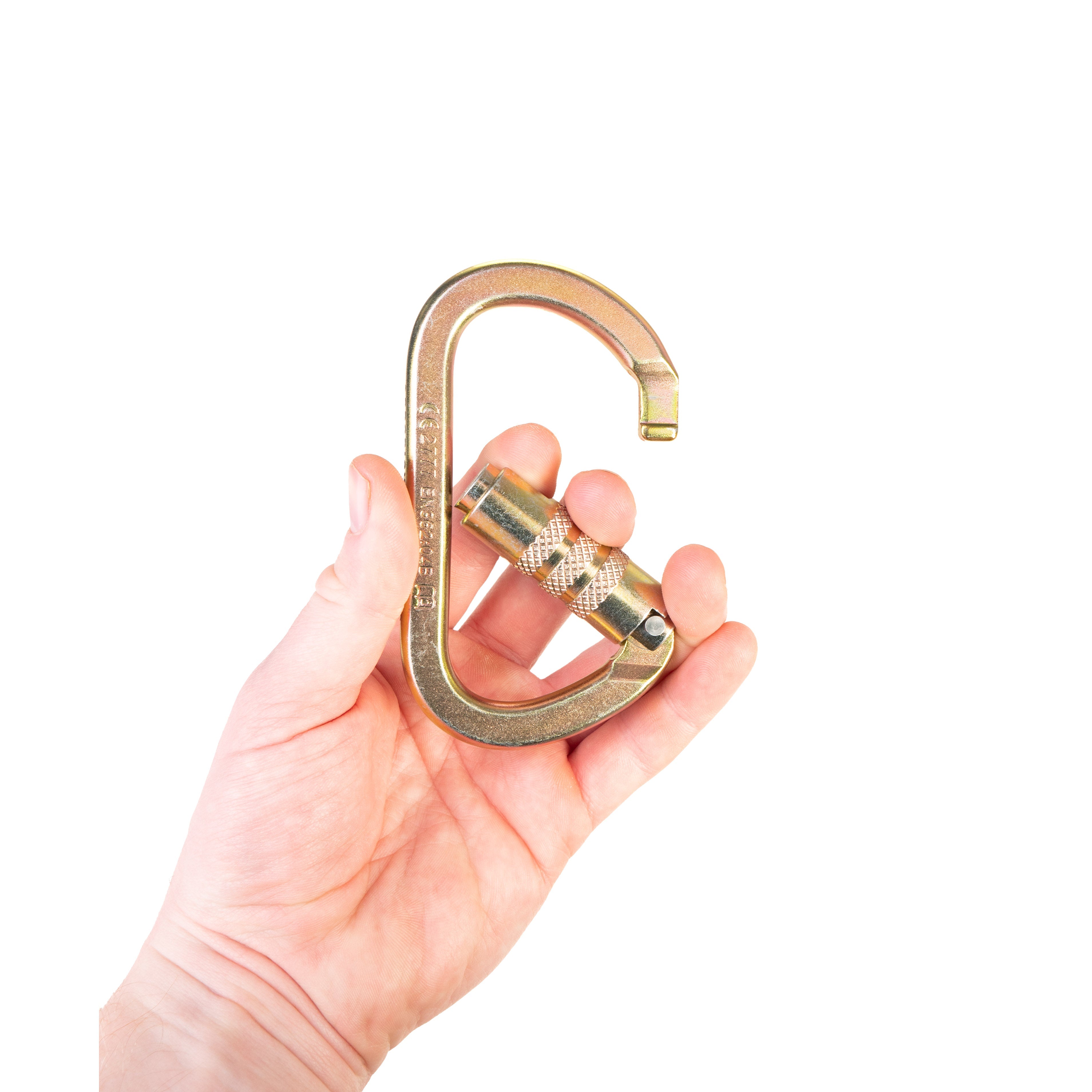 offset oval carabiner open in hand