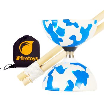 Blue/white Juggle Dream Jester Bearing Diabolo Set with Wooden Handsticks & Firetoys Bag