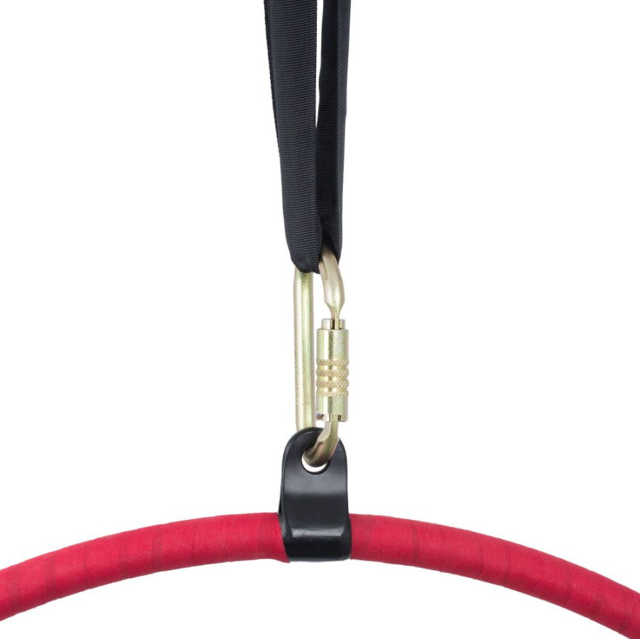 A carabiner connecting a polyester strop to a single-point aerial hoop